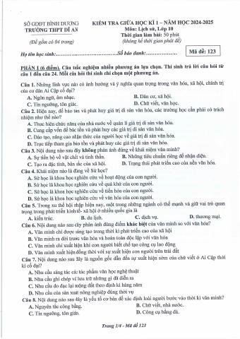 Đề thi Giữa kì 1 Lịch sử 10 năm 2024-2025 trường THPT Dĩ An (Bình Dương)